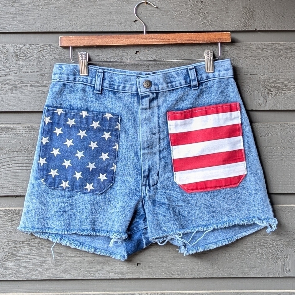 Vintage 80s Navdungaree American Flag Jean Shorts Cutoffs Size 31 Patchwork